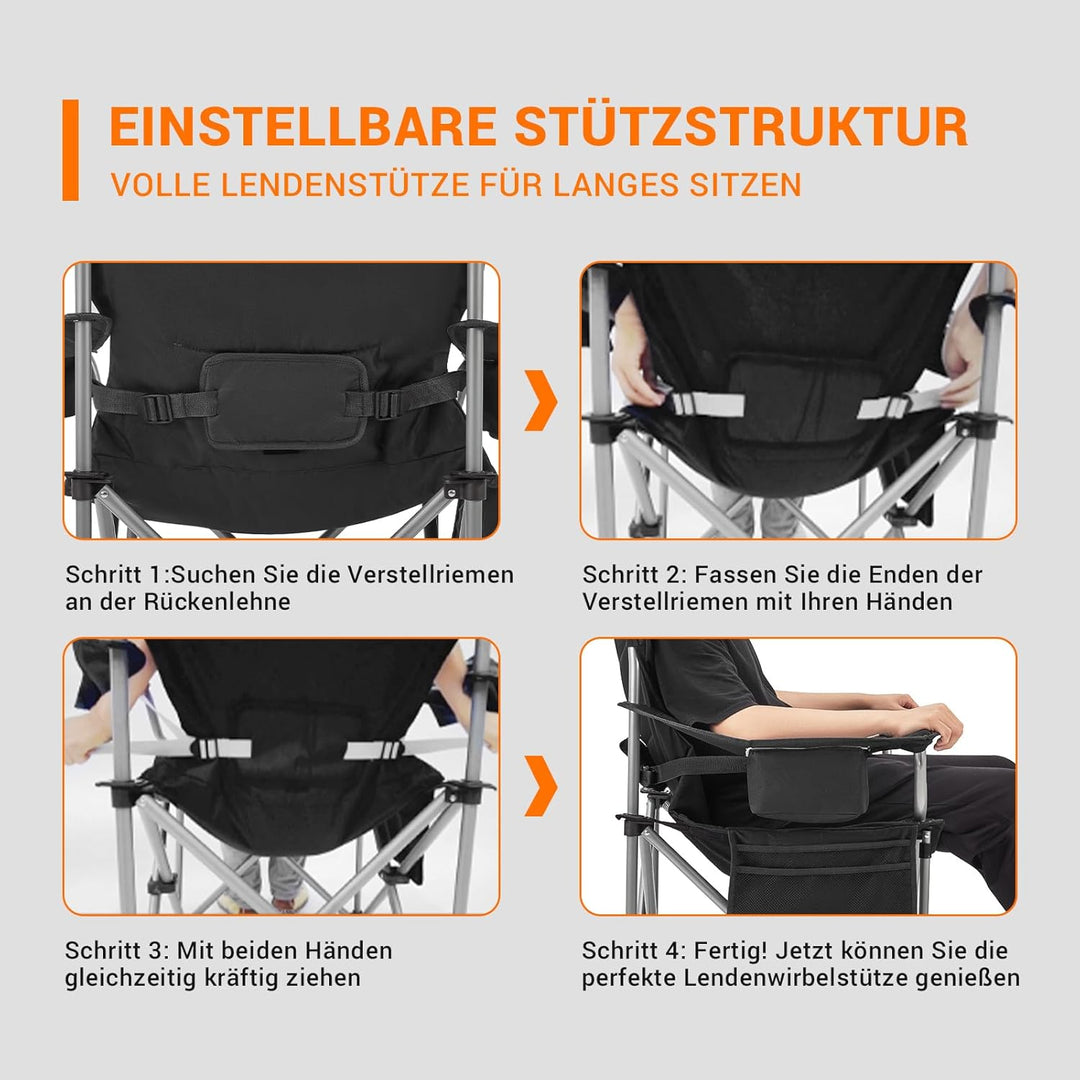 KingCamp Campingstuhl mit Verstellbarer Rückenlehne und Kühltasche bis 160 kg belastbar Schwarz, Sch