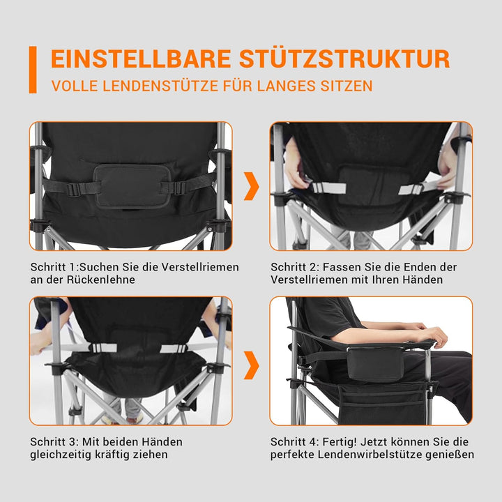 KingCamp Campingstuhl mit Verstellbarer Rückenlehne und Kühltasche bis 160 kg belastbar Schwarz, Sch