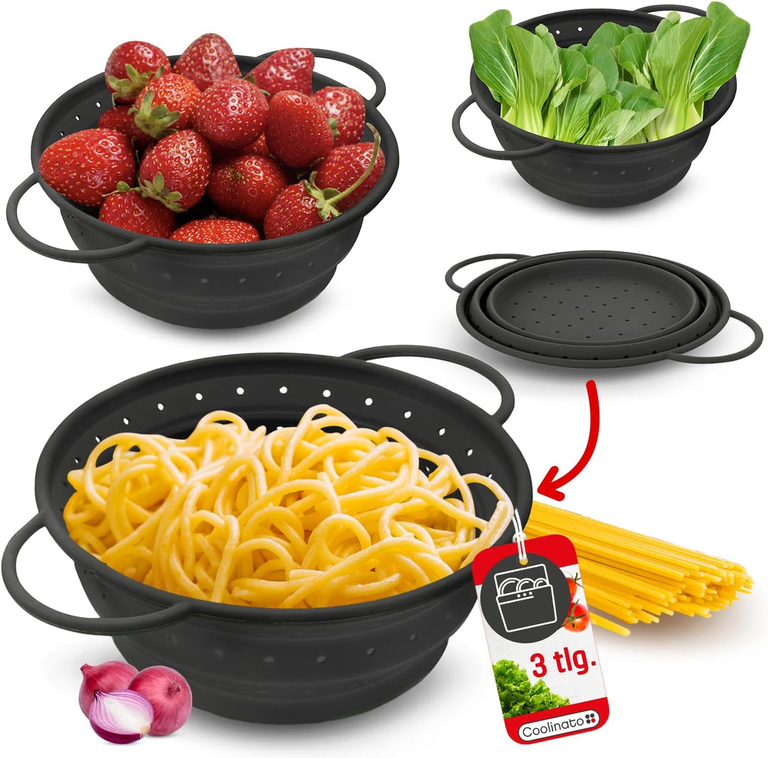Coolinato – Silikonsieb faltbar 3er Set 16/20/ 24cm Grau – Nudelsieb zum abseihen - Küchensieb spülm