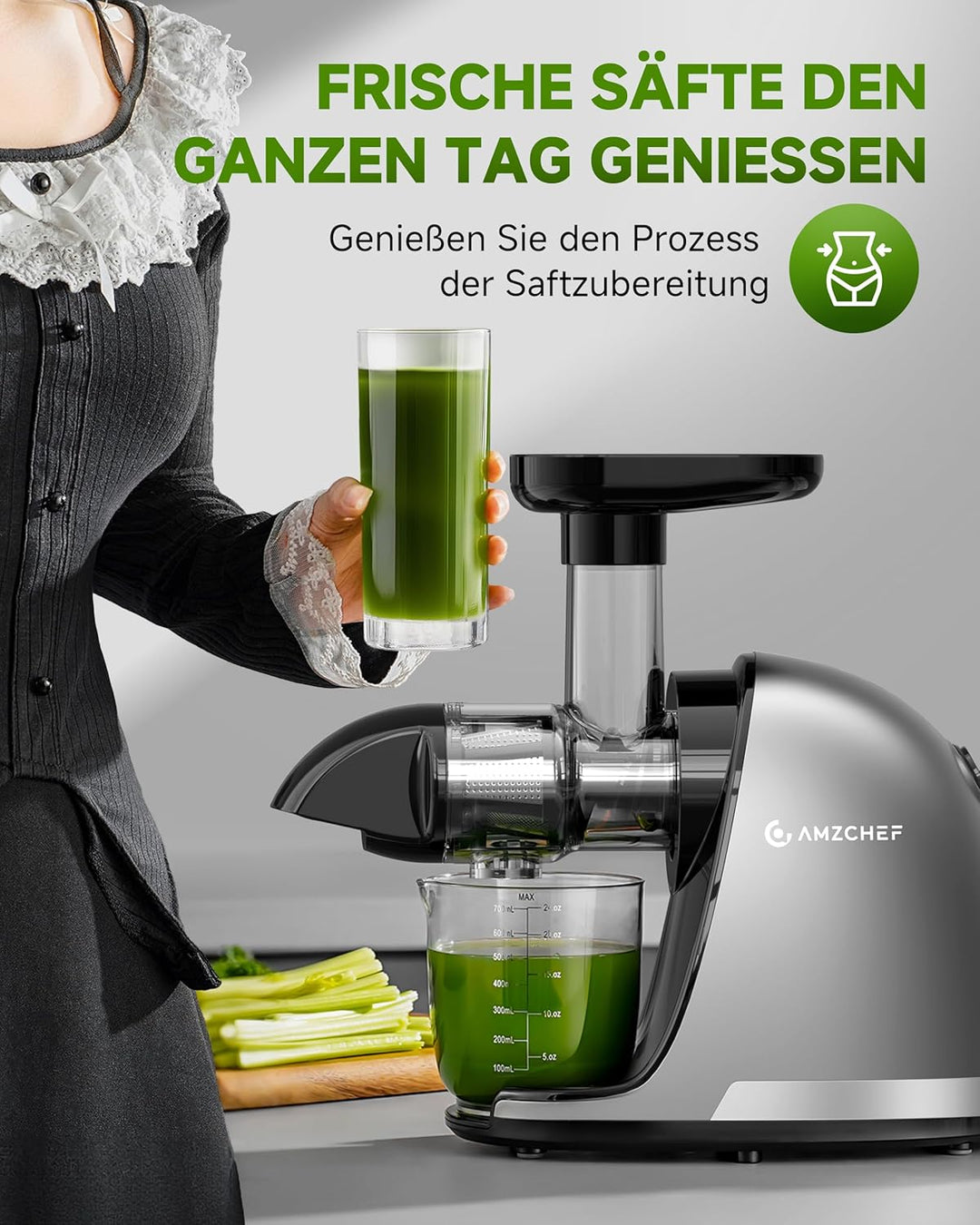 AMZCHEF Slow Juicer Entsafter Gemüse und Obst Profi Entsafter mit Ruhiger Motor & Umkehrfunktion & S