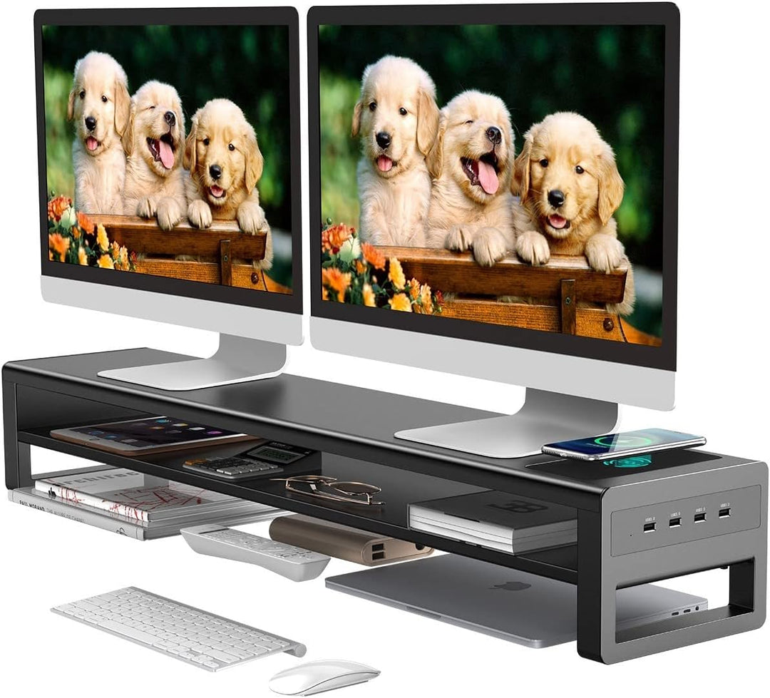(2-stufiger) STARSIKI Monitorständer mit Dual-Monitor-Unterstützung, kabellosem Laden und 4 USB Ansc