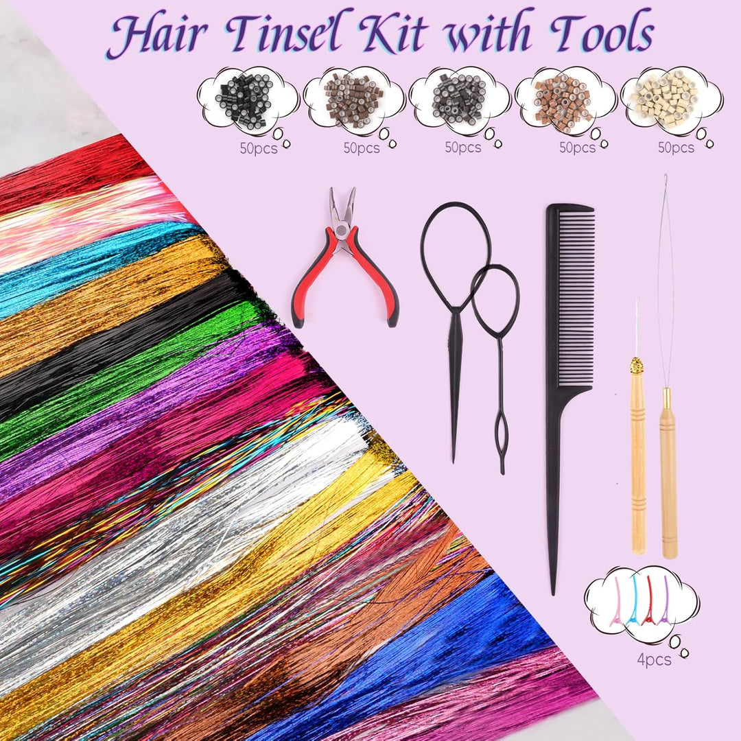 3200 Hair Tinsel,48 Inches Haar Lametta mit Werkzeug,16 Farben Glitzer Haarsträhnen zum Flechten Haa