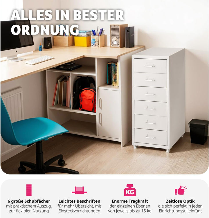 tectake® Metall Rollcontainer, Büromöbel für Schreibtisch, Büro Organizer mit 6 Schubladen, Schublad