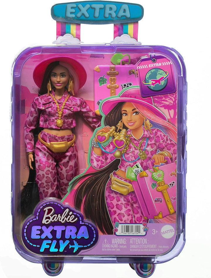 Barbie Extra Fly - Safari-Reise-Puppe mit pinkem Outfit und Zubehör, beweglicher Körper, 15 Accessoi