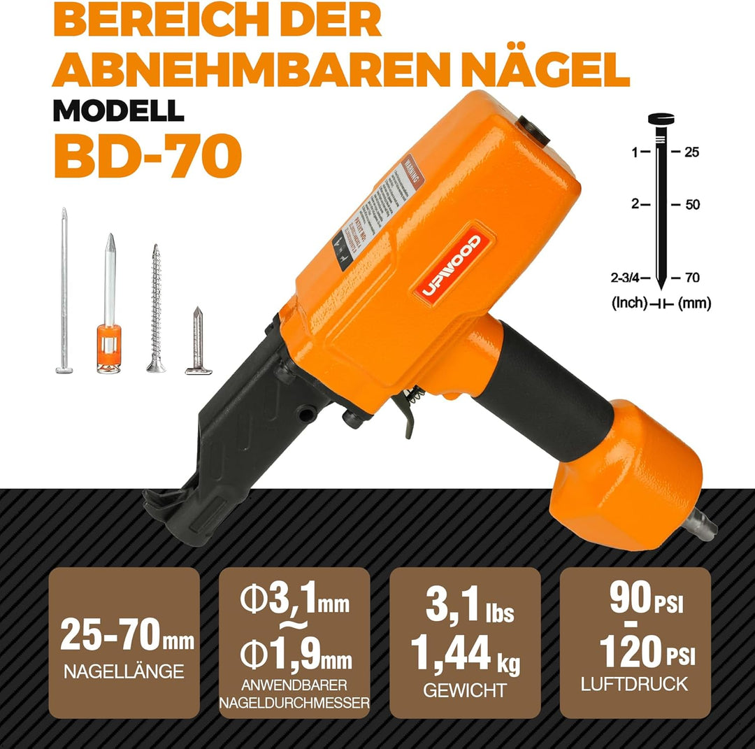 UPWOOD Professioneller Air Nail Puller BD70, Nagelzieher, Nageleisen, Holzzaunnägel Entfernen, Orang