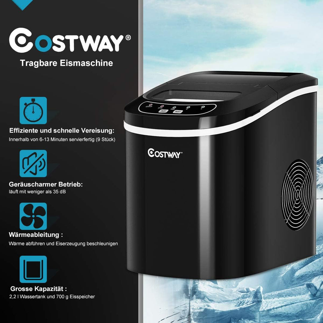 COSTWAY Eiswürfelmaschine 12KG/24H, Ice Maker 9 Eiswürfel in 6-13min, Eismaschine 2,2L Wassertank, E