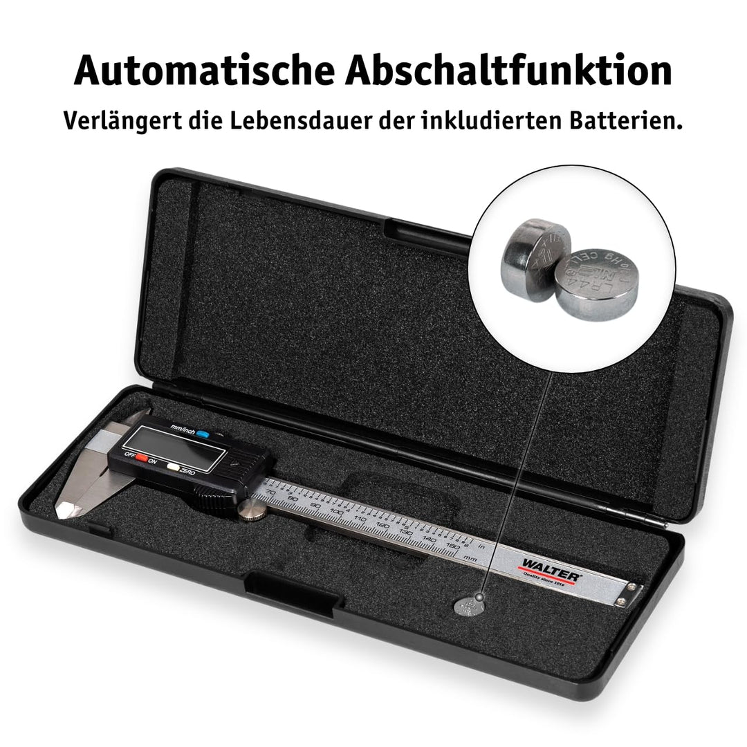 WALTER Digitale Schieblehre, Messschieber, 150 mm mit LCD-Display, Aussen-, Innen- und Tiefmass, in
