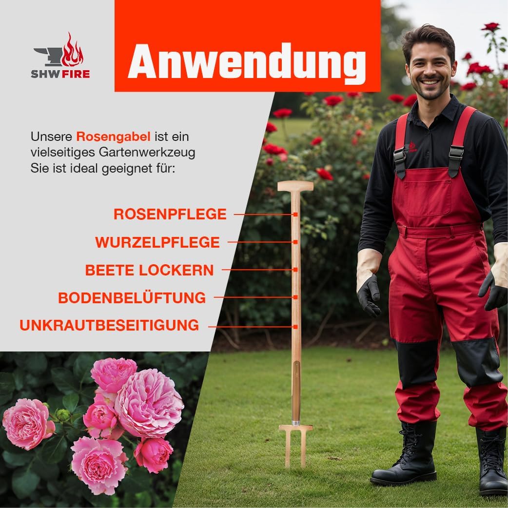 SHW-FIRE 59046 Rosengabel Bajonettzinken Stahl Handgeschmiedet Geschmiedet mit Stiel Holzstiel 85 cm