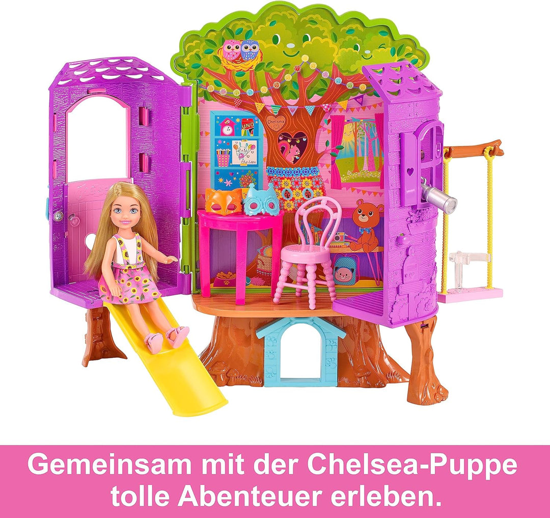 Barbie - Chelsea-Puppe und Baumhaus-Spielset mit Hündchen mit Möbeln, Rutsche und mehr als 10 Zubehö