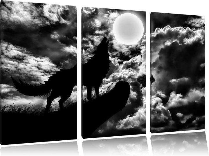 Pixxprint Wolf im Mondschein als Leinwandbild/Grösse: 3 Teilig (120x80) cm/Wandbild/Kunstdruck/ferti