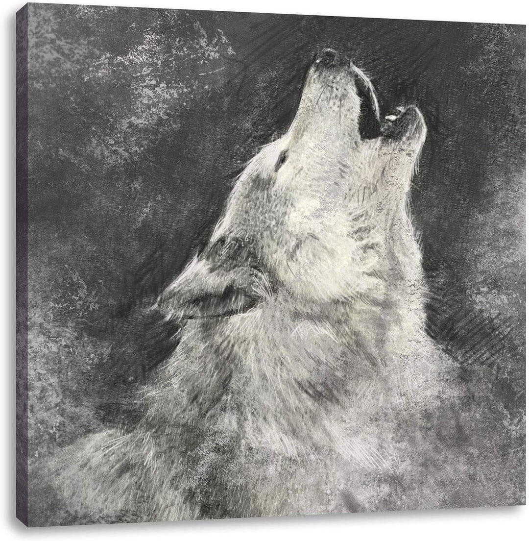 Heulender Wolf Kunst, Format: 70x70 auf Leinwand, XXL riesige Bilder fertig gerahmt mit Keilrahmen,