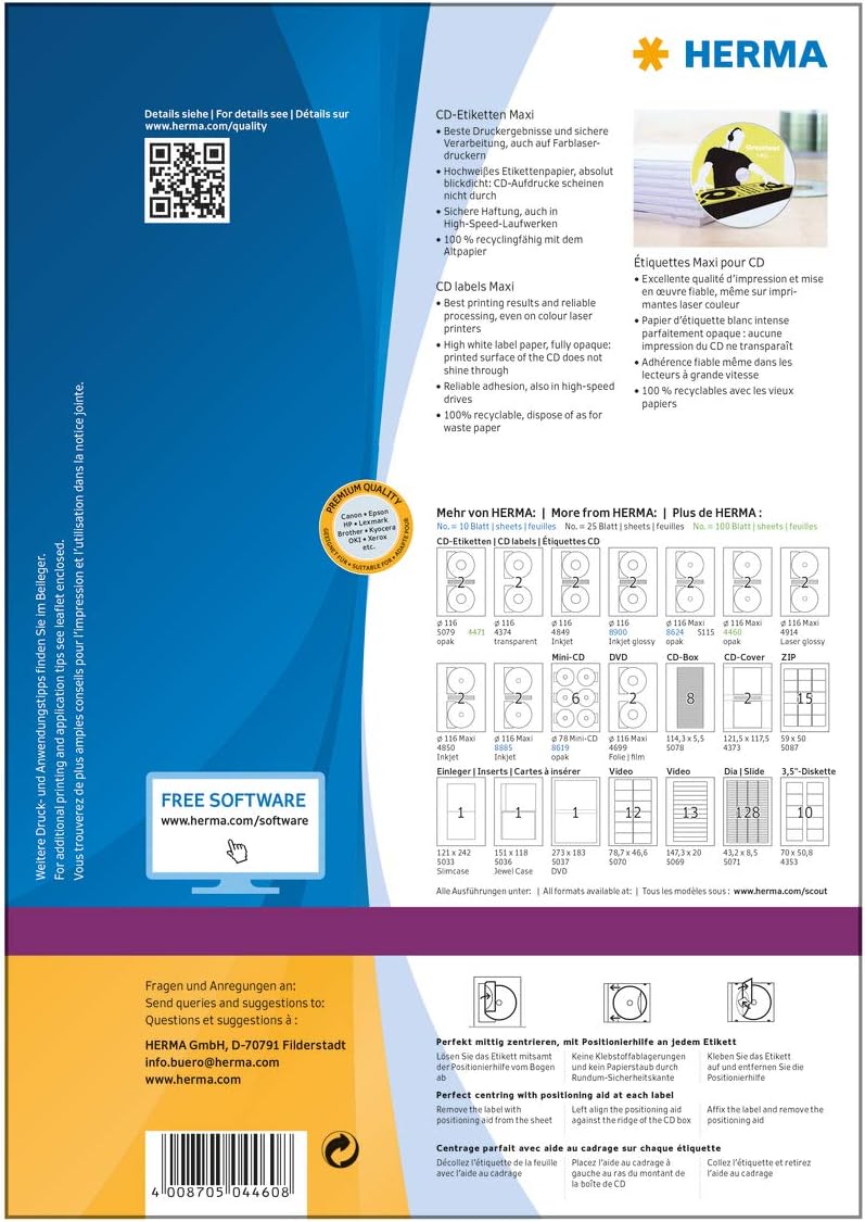 HERMA 4460 CD DVD Etiketten inkl. Zentrierhilfe blickdicht, 100 Blatt, Ø 116 mm MAXI, 2 Stück pro A4