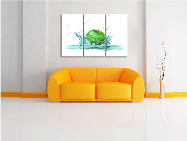 green Apple, Grüner Apfel fällt in Wasser schwarz/weiss 3-Teiler Leinwandbild 120x80 Bild auf Leinwa