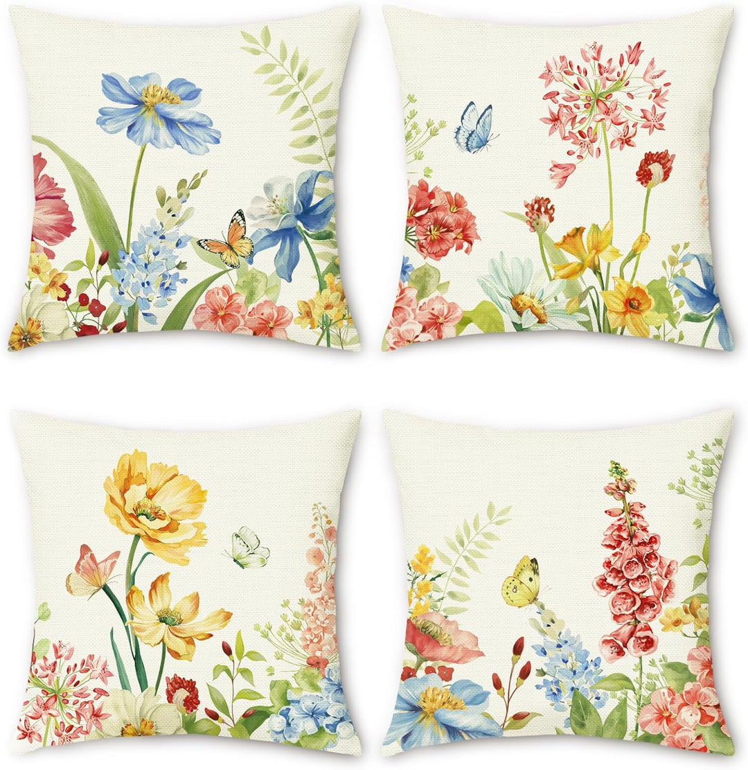 Bonhause 4er Set Kissenbezüge Blumen 45 x 45 cm Blume Garten Polyester Leinen Dekorative Kissenhülle