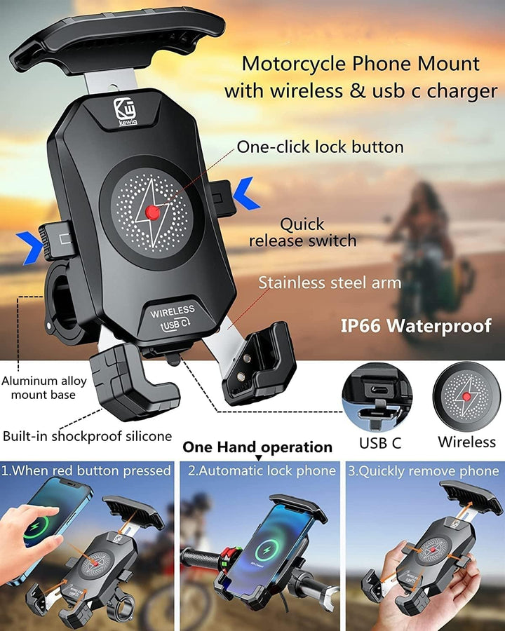 Kewig Handyhalterung Fahrrad,15W kabellos und USB-C 20W, 360° Drehbar Motorrad Fahrrad Handyhalterun