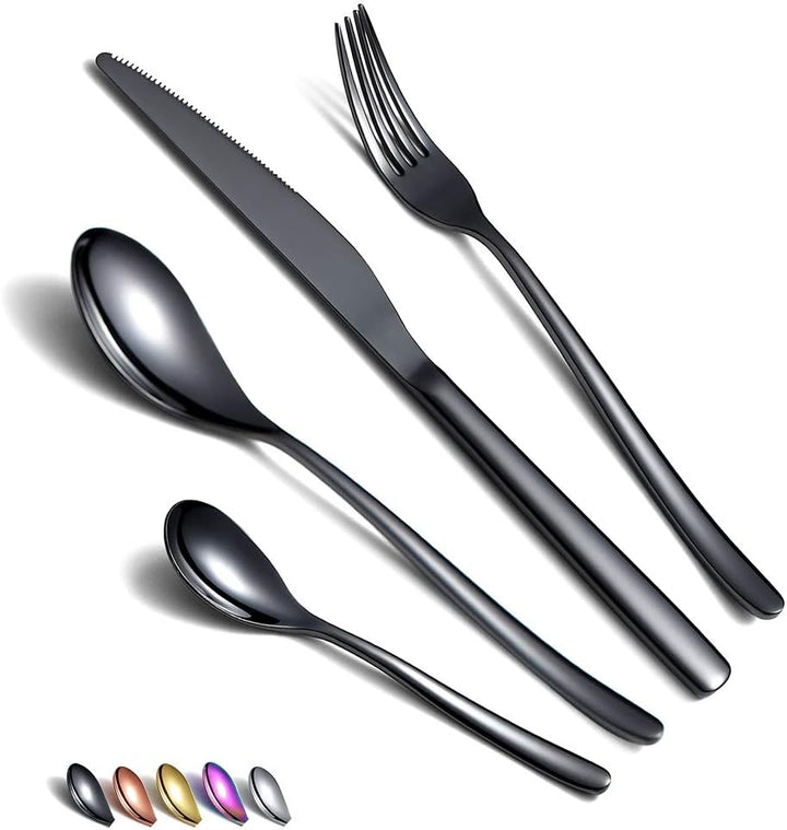 HOMQUEN Schwarzes Besteck Set 24 Stück, Schwarzes Besteckset aus Edelstahl, Schwarze Titanbeschichtu