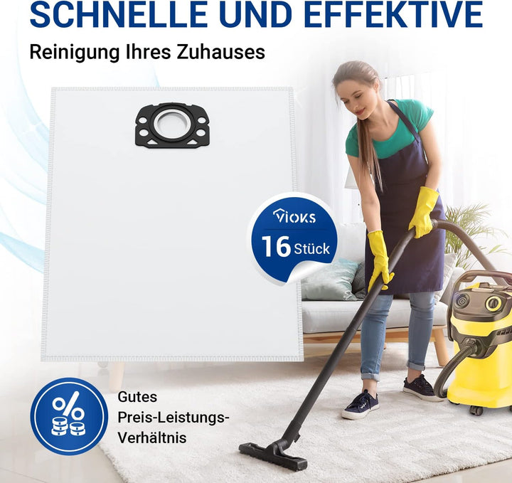 VIOKS 16x Staubsauger Beutel Ersatz für Kärcher 2.863-006.0 - Vlies Staubsaugerbeutel für Kärcher WD