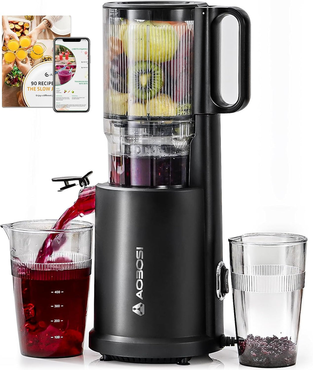 AOBOSI Entsafter Slow Juicer 126MM XXL Einfüllöffnung,90 RPM, Leiser Kupfermotor, BPA-frei, hohe Saf