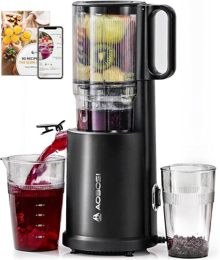 AOBOSI Entsafter Slow Juicer 126MM XXL Einfüllöffnung,90 RPM, Leiser Kupfermotor, BPA-frei, hohe Saf