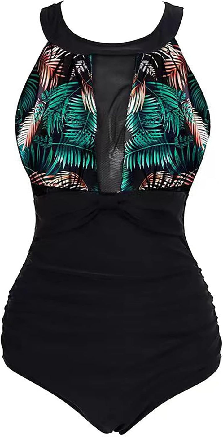 VILOREE Damen Schlankheits Badeanzug Raffung Einteiler High Neck Bademode Strandmode M Blätter, M Bl