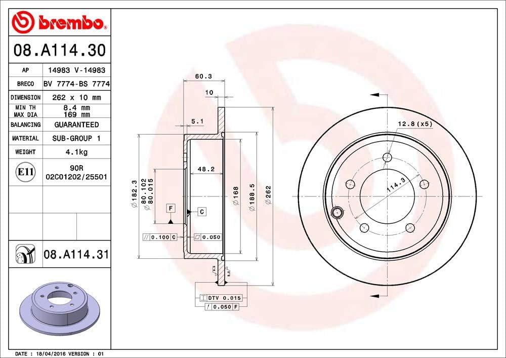 Brembo 08.A114.31 Hintere Bremsscheibe mit UV Lackierung, Anzahl 2