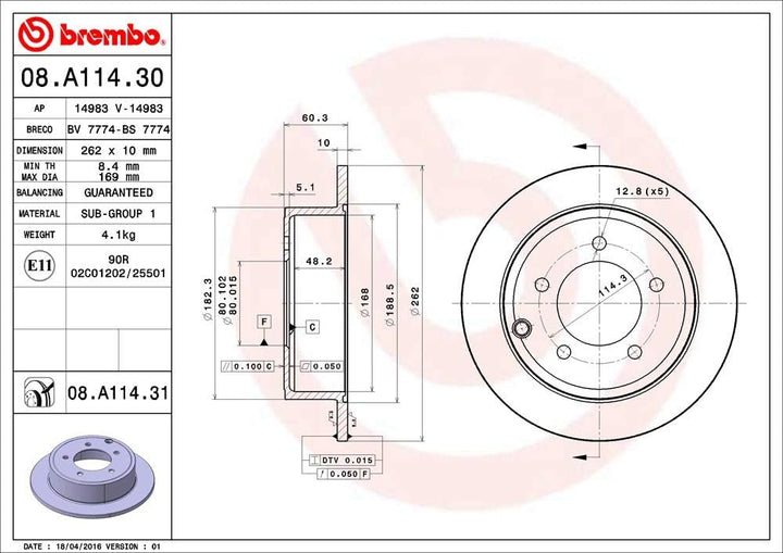 Brembo 08.A114.31 Hintere Bremsscheibe mit UV Lackierung, Anzahl 2