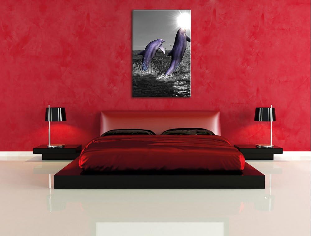 Fröhliche Delfine springen im Meer, Format: 80x120 auf hochkantiges Leinwand, 80x120