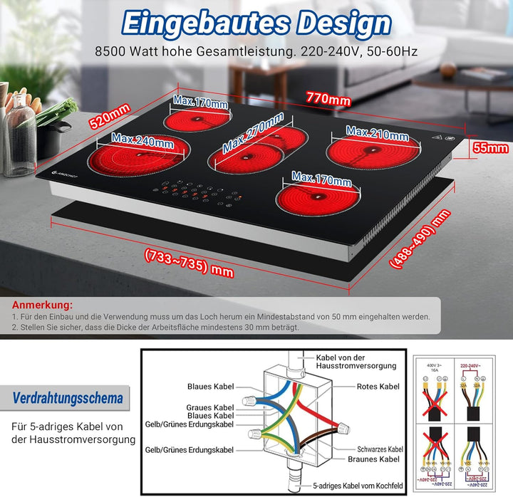 AMZCHEF Glaskeramikkochfeld 5 Zonen, Einbau Keramikkochfeld 77CM mit Ovale Zone und Dreierzone, 9 Le