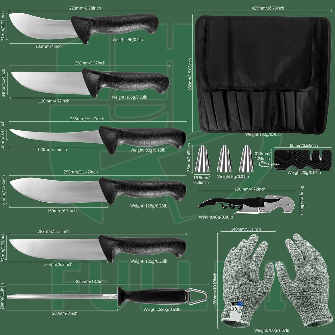 FULLHI 11PCS Metzger Messer Set, Anti-Rutsch-Metzger Ausbeinmesser Edelstahl Kochmesser Set, Fleisch