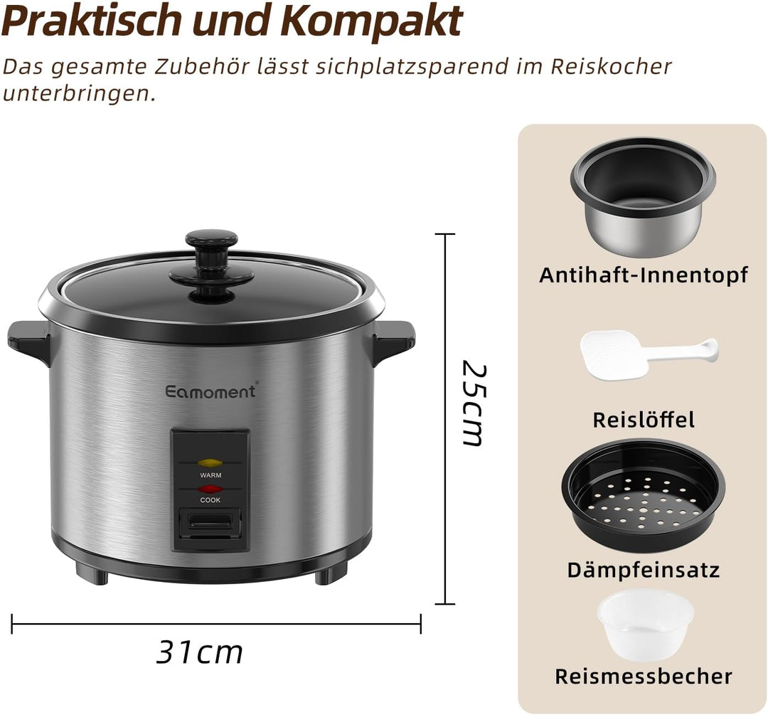 Eamoment ERC-10CSL 1.8L | 700W Reiskocher & Schwarzer Dampfgarer Reiskochfunktionen,kochen 1-10 Pers