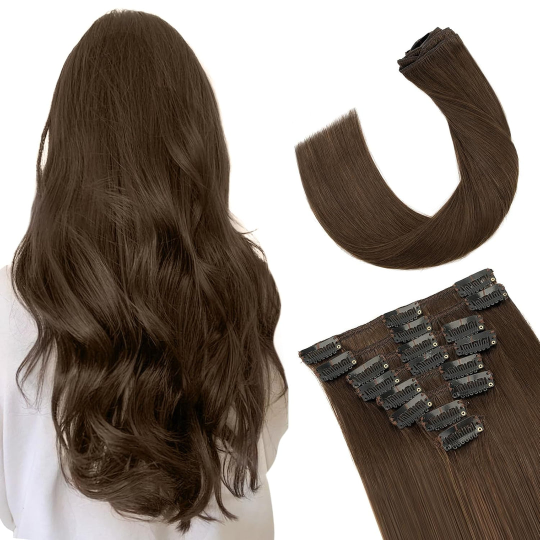 TESS Clip in Extensions Echthaar Haarteile Dunkelbraun #2 Remy Haar Extensions guenstig Haarverlänge