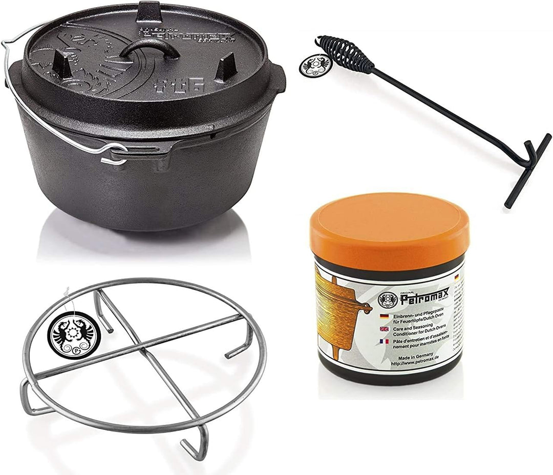 Petromax Feuertopf Starterset ft6-t (Dutch Oven Planer Boden) inkl. Deckelheber + Pflegepaste + Unte