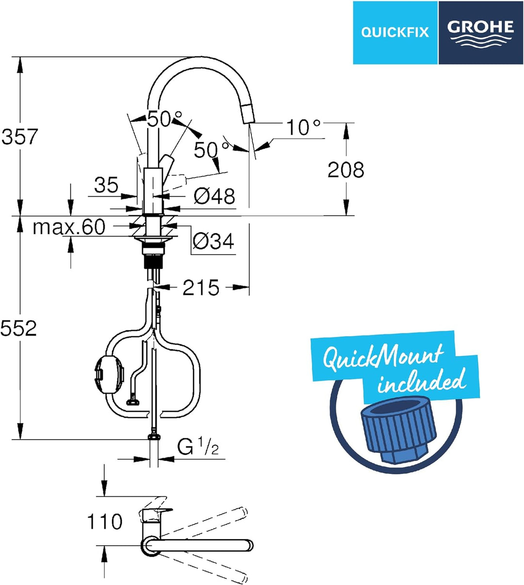 GROHE Start Edge QuickFix - 1-Hebel-Küchenarmatur mit Ausziehfunktion (hoher C-Auslauf, 360° Schwenk