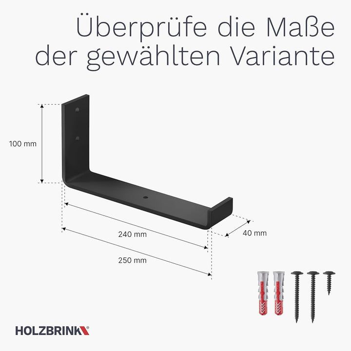 HOLZBRINK Metall Regalträger Regalhalter für Wandregal, Wandhalterung schwarz 250mm, 10 Stück, HLR-J