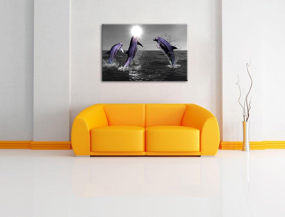 Fröhliche Delfine springen im Meer schwarz/weiss Format: 100x70 auf Leinwand, XXL riesige Bilder fer