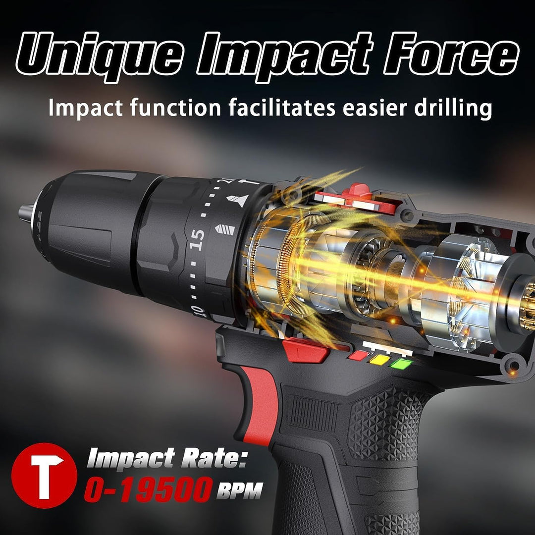 Akku-Schlagbohrmaschine 12 V, PULITUO schlagbohrschrauber set, Akkuschrauber mit 3/8" Metallfutter,