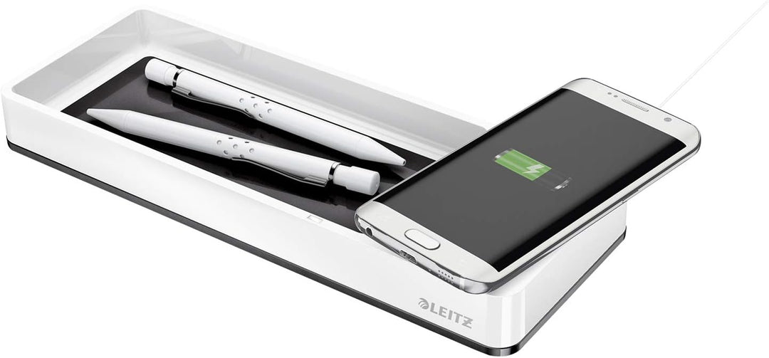 Leitz Stifteschale mit Qi-Induktionsladegerät, Zum kabellosen Laden von Smartphone, Weiss/Schwarz, D
