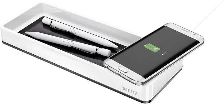 Leitz Stifteschale mit Qi-Induktionsladegerät, Zum kabellosen Laden von Smartphone, Weiss/Schwarz, D