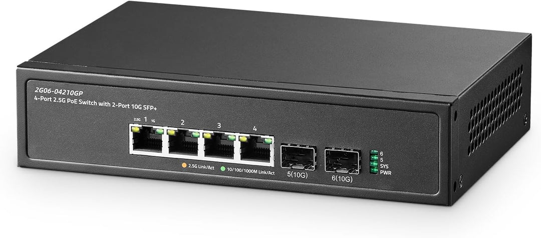 Binardat 6 Port 2.5G PoE Switch mit 2x10G SFP+ Port, 4x2.5G Base-T Ports kompatibel mit 100/1000Mbps