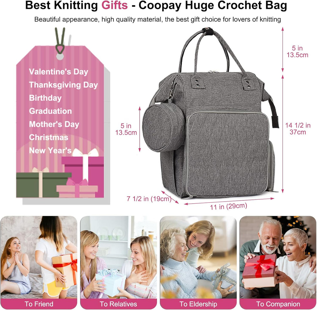 Coopay Multifunktion Stricktasche Rucksack, Reise Häkeltasche mit 6 Garnösen, Grosse Garnaufbewahrun