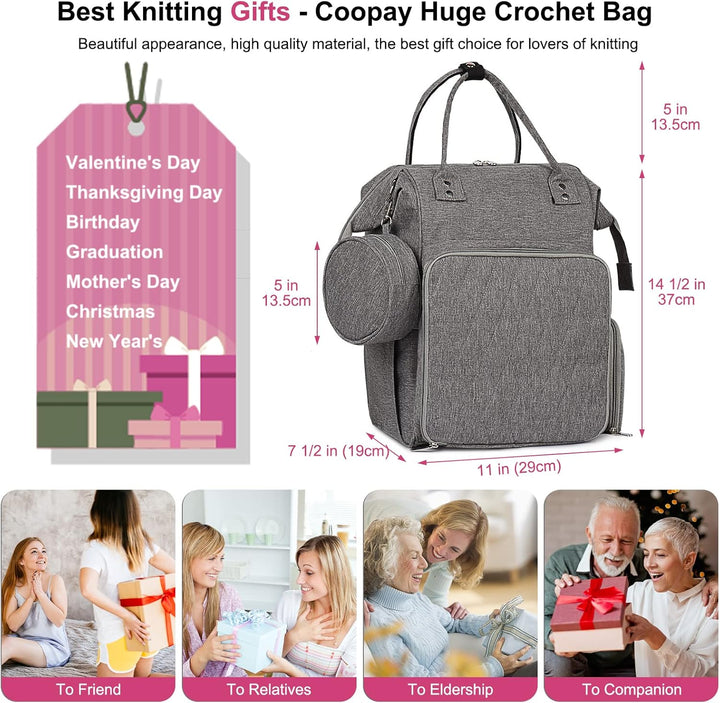 Coopay Multifunktion Stricktasche Rucksack, Reise Häkeltasche mit 6 Garnösen, Grosse Garnaufbewahrun