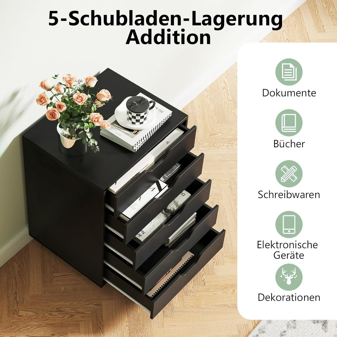COSTWAY Rollcontainer mit 5 Schubladen, mobiler Aktenschrank mit Rädern, Bürocontainer Schubladensch