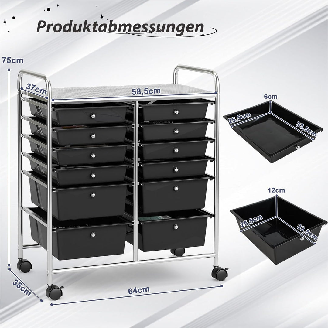 COSTWAY Rollwagen mit 12 stapelbaren Schubladen, Schubladenwagen Rollcontainer mit Metallgestell und