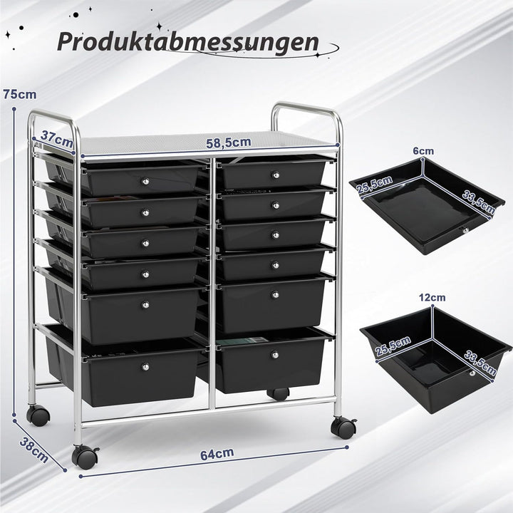 COSTWAY Rollwagen mit 12 stapelbaren Schubladen, Schubladenwagen Rollcontainer mit Metallgestell und