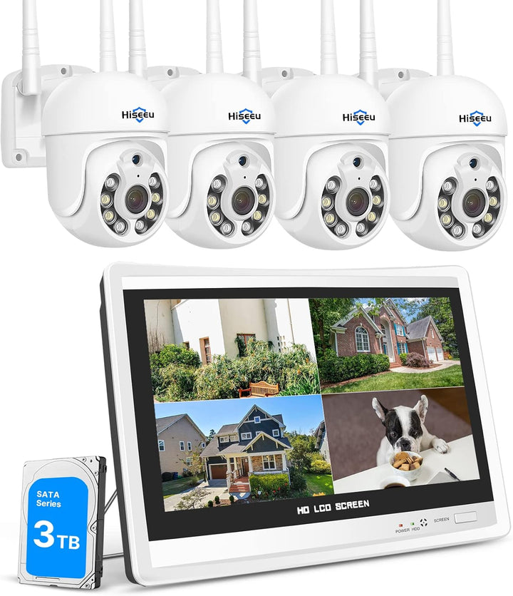 【5MP+PTZ】 Hiseeu Überwachungskamera Set Aussen WLAN mit 12''Monitor 10CH Wireless NVR,4 Pcs 5MP PTZ