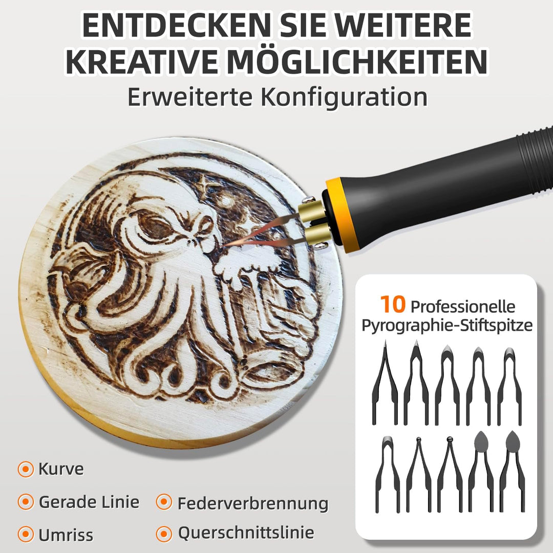 LH55-1 Holzverbrennungsset, Pyrographie-Holzverbrennungswerkzeug-Set mit Brandmalerei-Maschine, 10 p