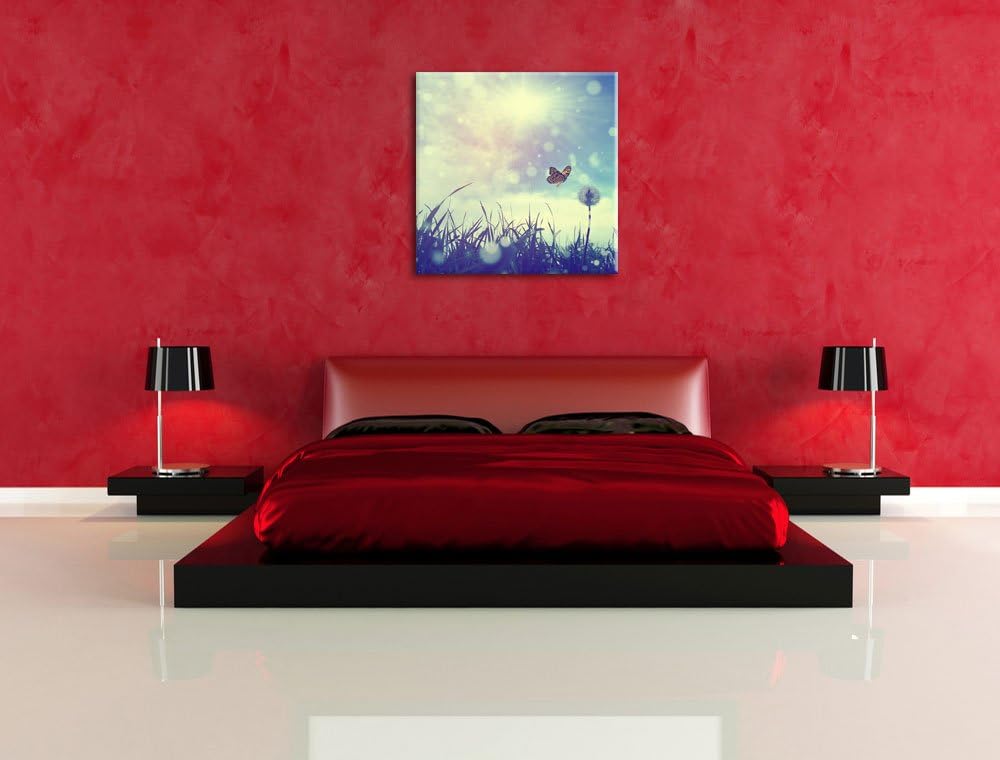 Pixxprint zarter Schmetterling fliegt zu Pusteblume, Format: 70x70 auf Leinwand, 70x70