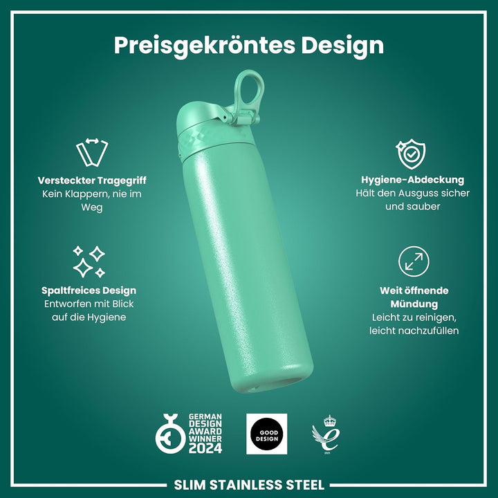 Ion8 Stahl-Trinkflasche, 600 ml, Auslaufsicher, Einhandöffnung, Sichere Verriegelung, Spülmaschinenf