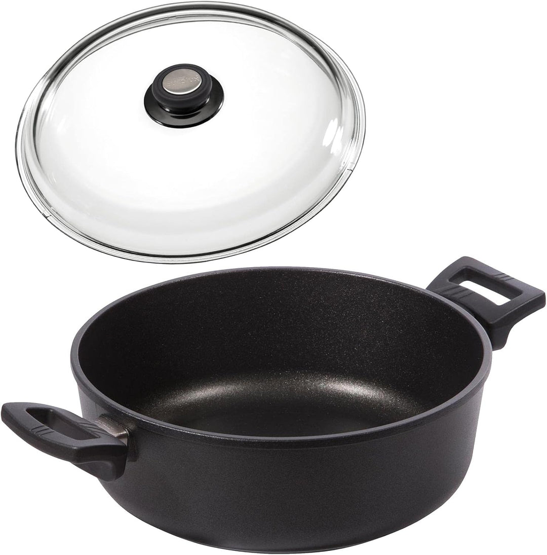 Eurolux Guss-Kasserolle Ø 20 cm Set mit Deckel aus Glas - flache runde Universal Bratenkasserolle 3