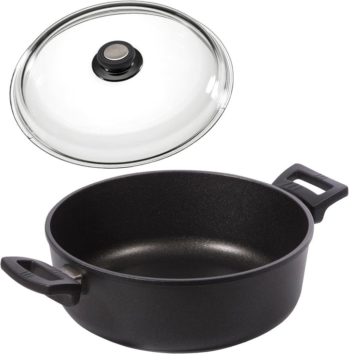 Eurolux Guss-Kasserolle Ø 20 cm Set mit Deckel aus Glas - flache runde Universal Bratenkasserolle 3